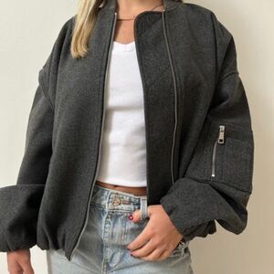 Zara oversized grey wool bomber jacket with puffed hem, size S